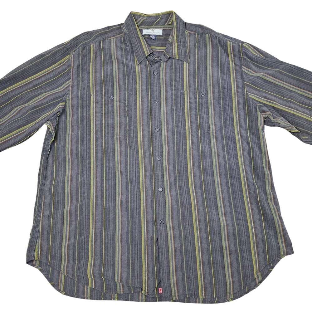 Tommy Bahama Button Up Shirt Mens XXL Gray Green Striped Silk Blend Resortwear